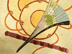 アンティーク　鼓に横笛・扇模様刺繍名古屋帯